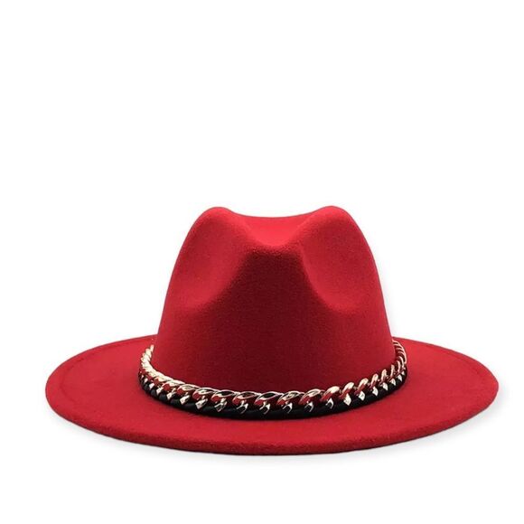 Red Stiff Wide Brim Fashion Hat Silver Chain Band Fedora NEW - Picture 2 of 4